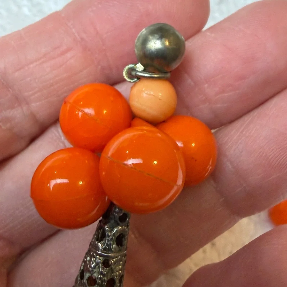 Retro Orange Cluster Bead Drop Earrings Silver Filigree Statement Dangle Boho